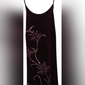 Burgundy Floor Evening Gown With Floral Design.